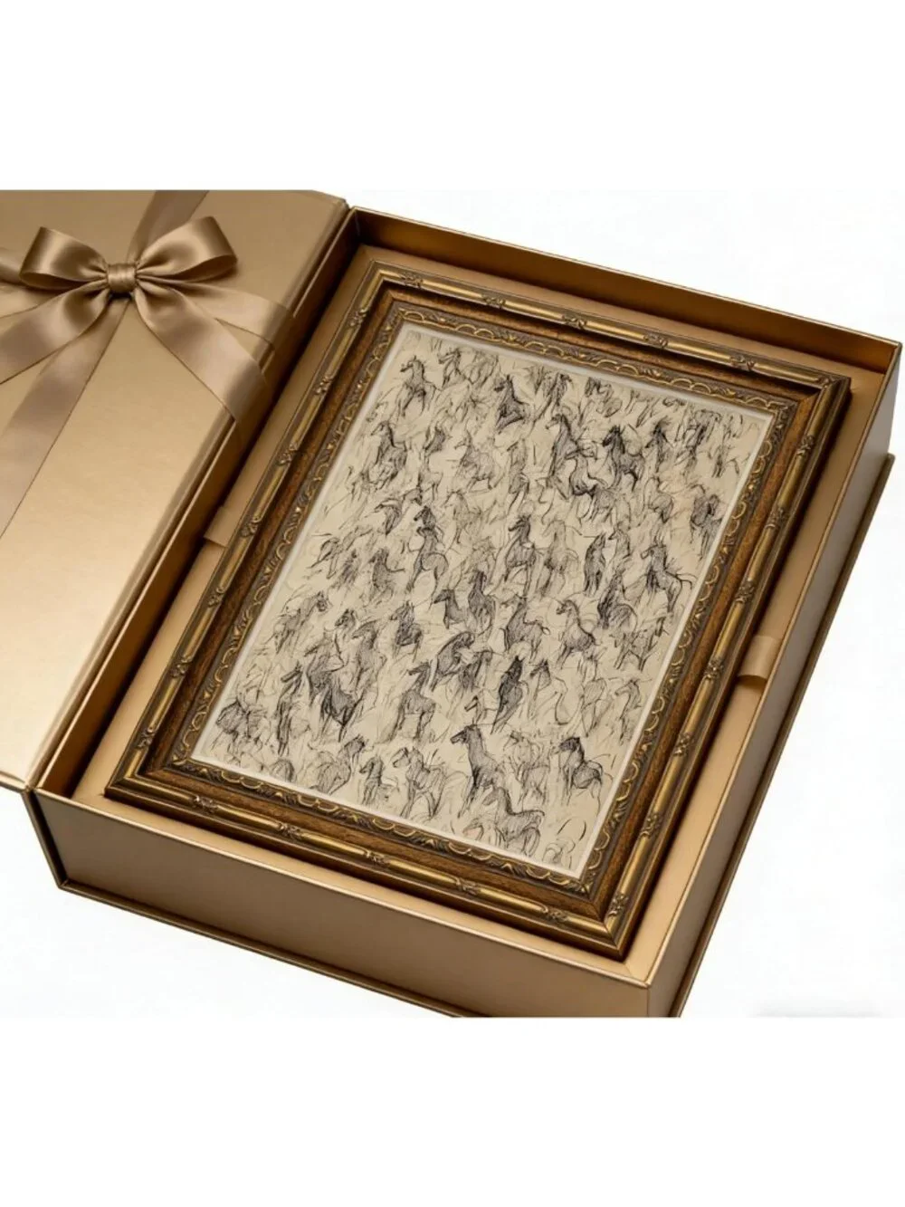 Vintage Gold Framed Horse Sketch Wall Art, Rustic Equestrian Canvas Print Decor